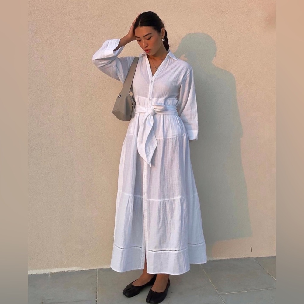ME+EM Beautiful White Cheesecloth Maxi Shirt Dress